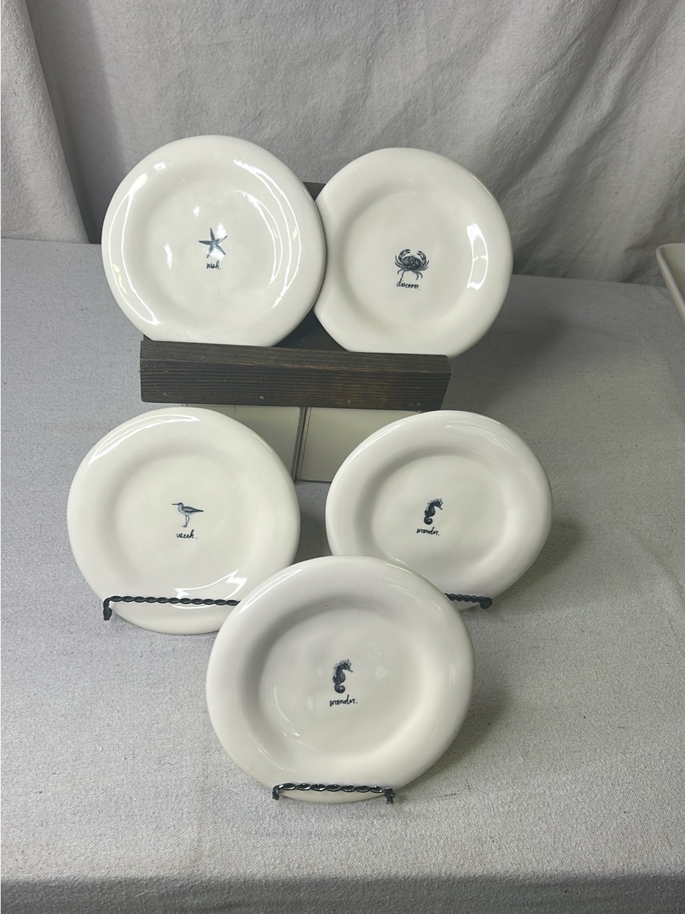 Rae Dunn Sea Life White Appetizer Plates with Navy Coastal Motifs